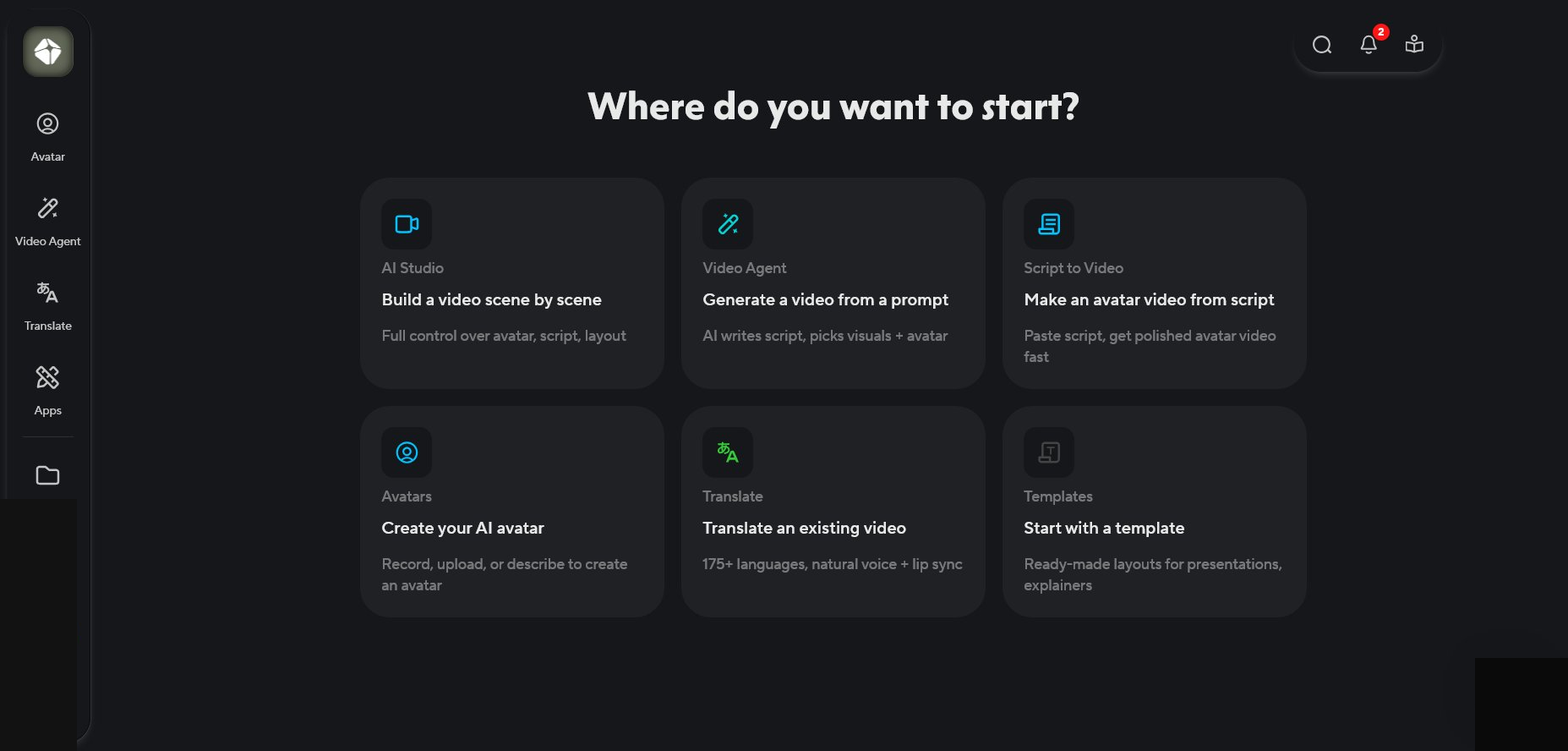 HeyGen main dashboard showing the three video creation paths and 180+ template library — tested on paid Creator account April 2026