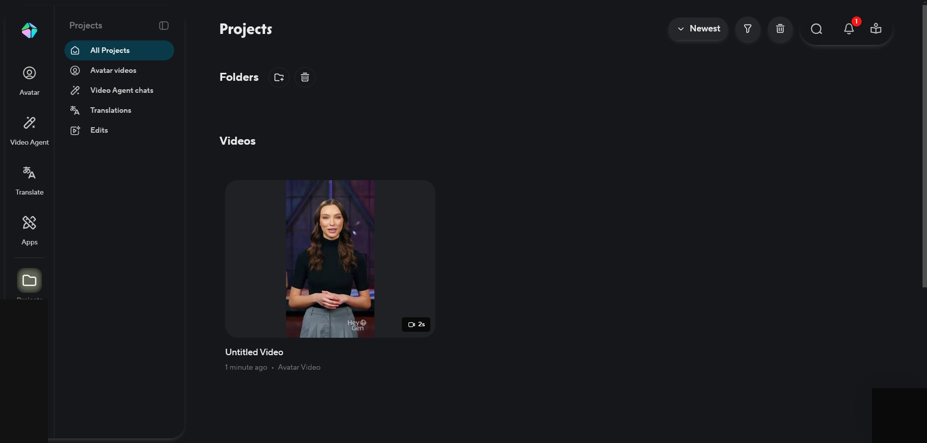 Completed video in the HeyGen Projects library ready to download — tested on Creator paid account April 2026