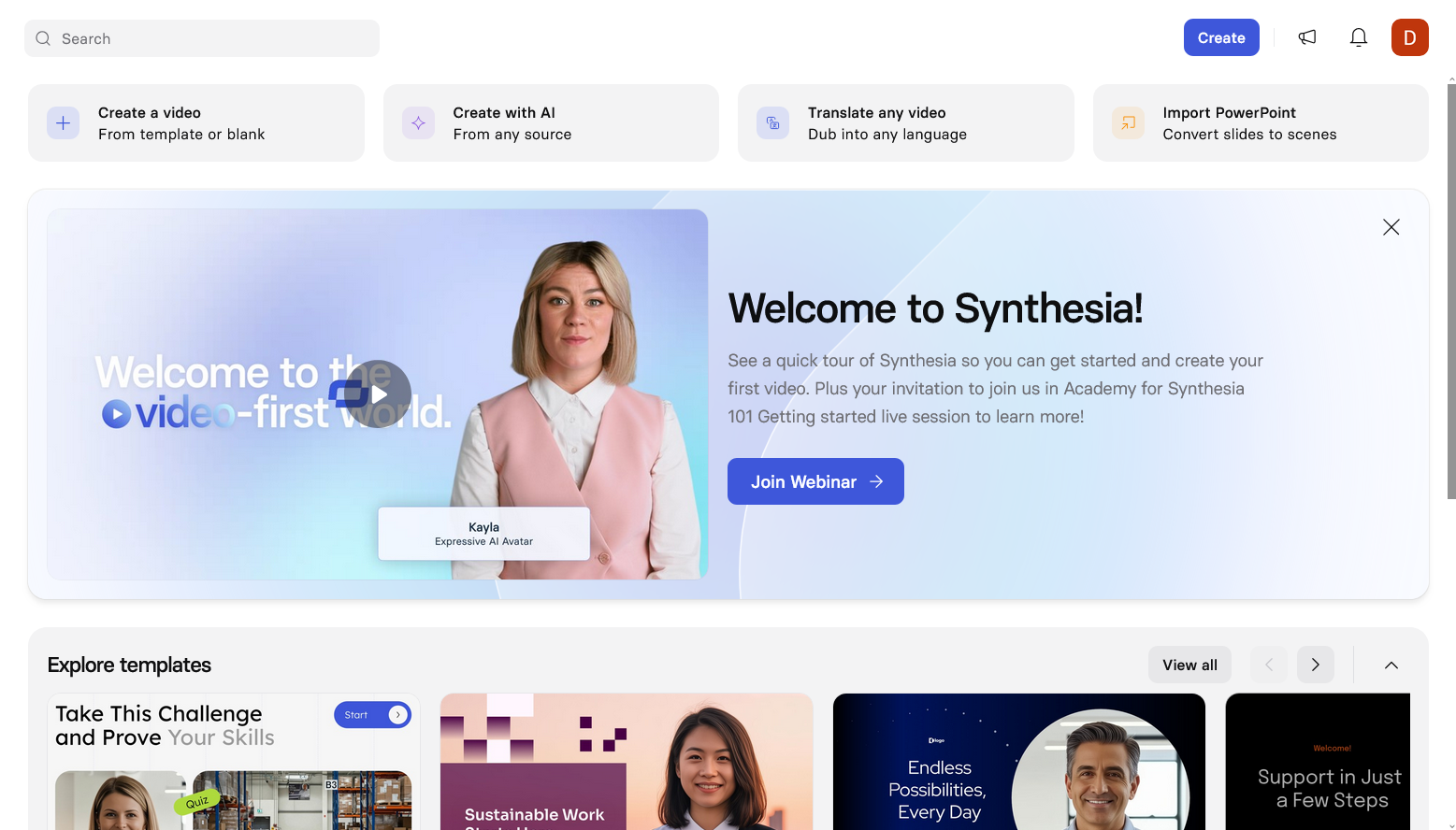 Synthesia dashboard after login — centered workspace, template library in the left panel, single clear new video button. Tested on paid account April 2026.